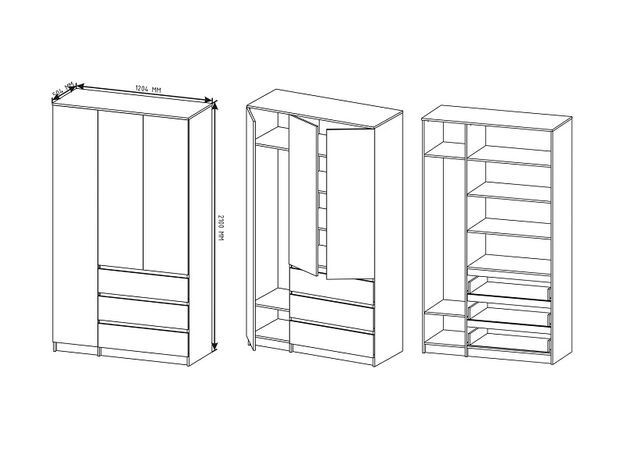 Шкаф 3-х дверный с 3 ящиками Мори МШ 1200.1 Белый